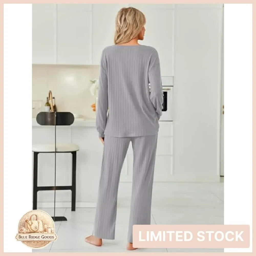 Ribbed Knit Button Down Pajama Set Cozy Lounge Wear Long Sleeve Sleepwear
